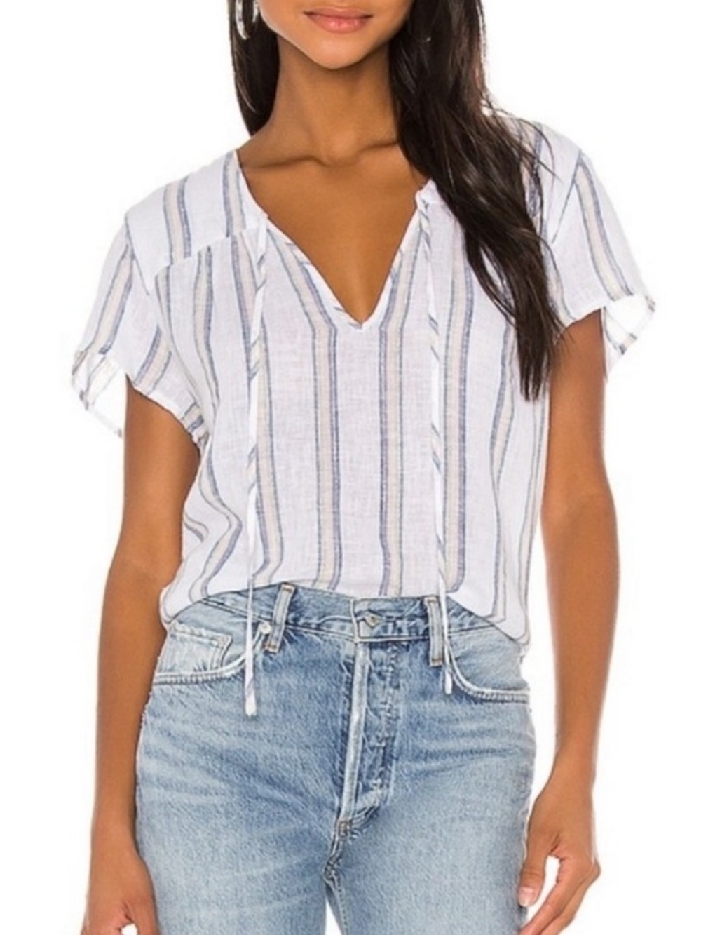 Rails $138 Viera Ryland Stripe Split Tie V Neck Metallic Blouse M EUC